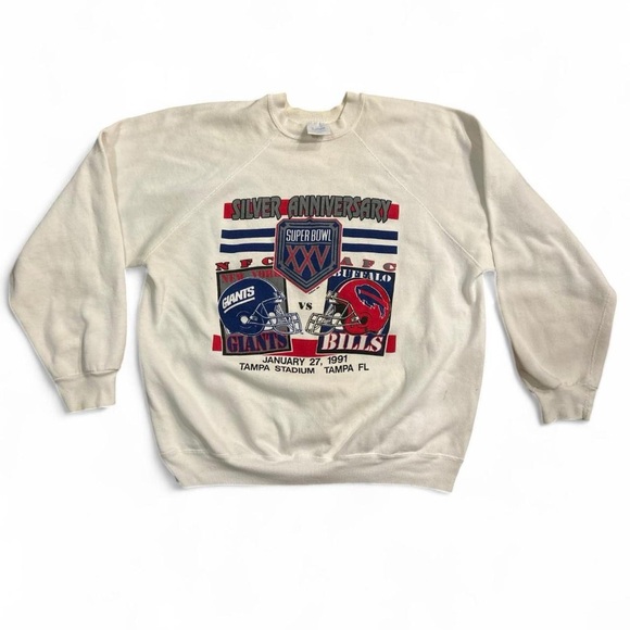 Vintage 1991 Super Bowl XXV Sweatshirt Giants vs Bills Lee Sports USA Silver NFL